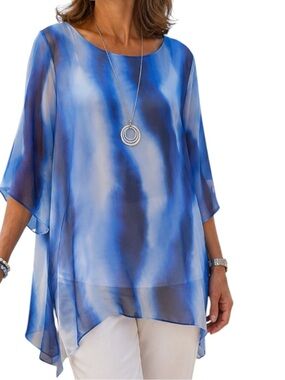 Blue Watercolor Silk Blend Lined Tunic Top M Coastal Resort White Lotus